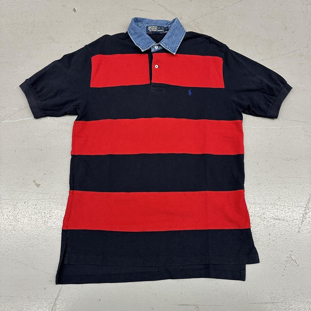 Polo By Ralph Lauren Polo Shirt Mens Large Navy Red Striped Rugby Denim Collar